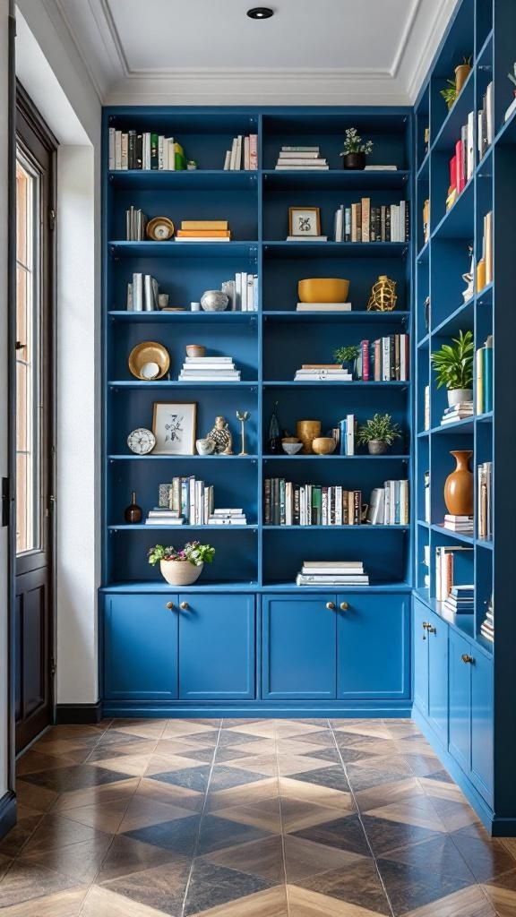 Stylish blue shelving unit filled with books and decorative items in a hallway