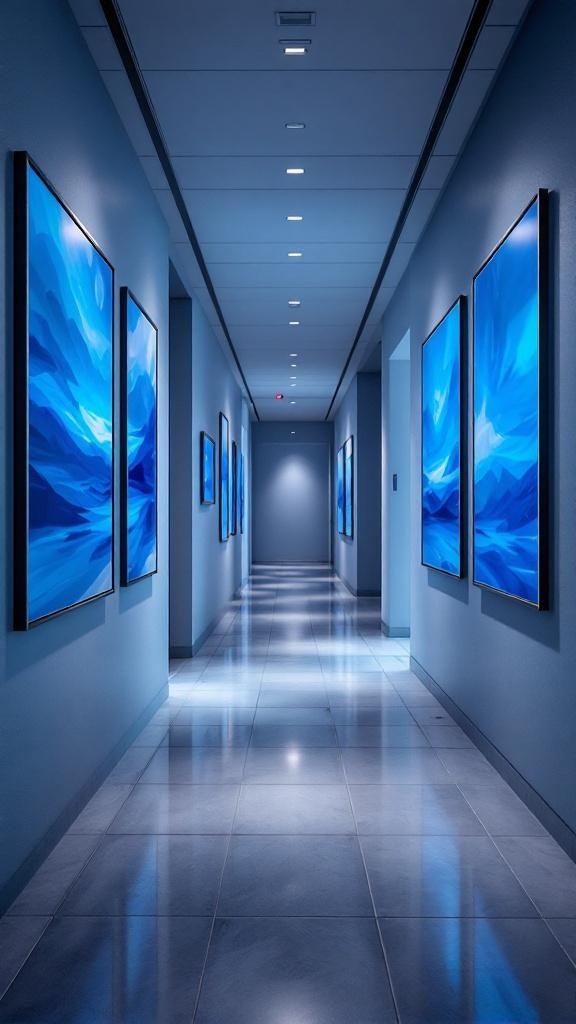 A hallway with blue walls and artwork featuring various shades of blue.