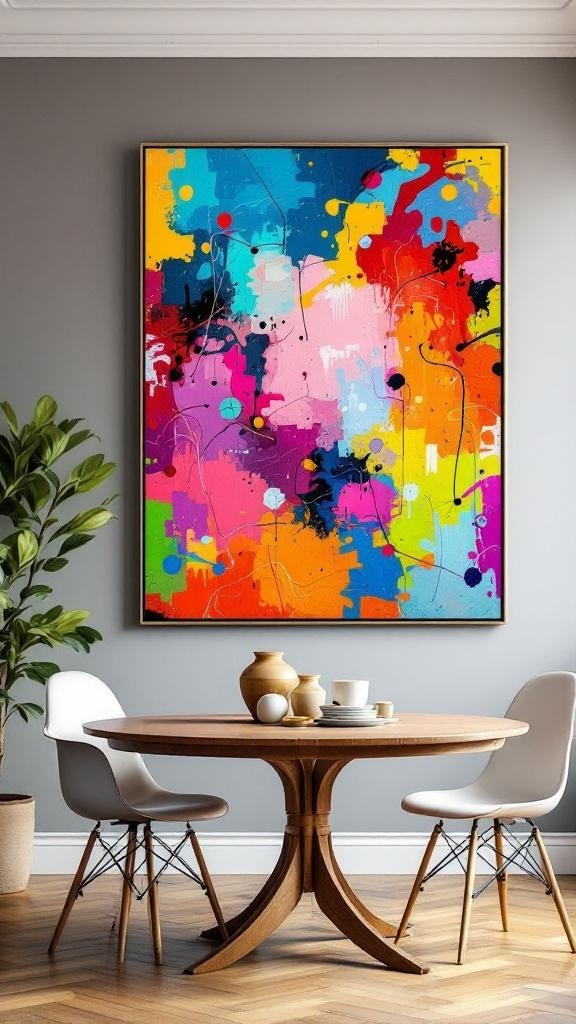 A vibrant abstract art piece featuring bold colors on a dining room wall, with a round wooden table and modern chairs in the foreground.