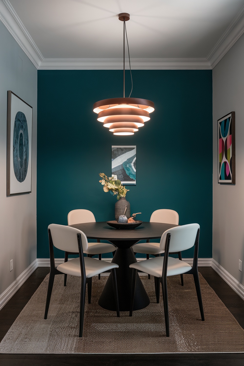 A dining room featuring a bold teal accent wall, modern chandelier, and stylish furniture.