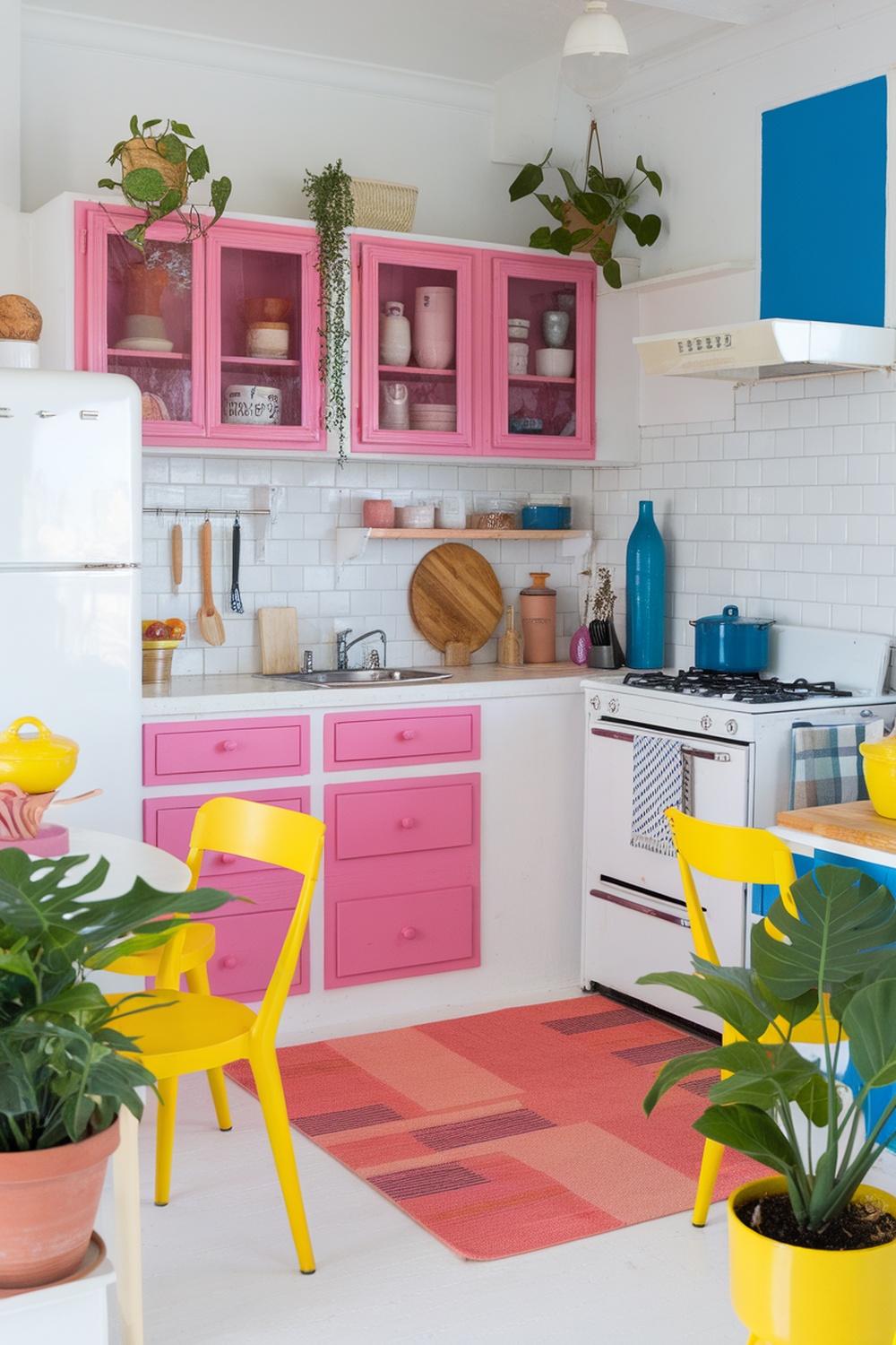 A colorful kitchen featuring pink cabinets, yellow chairs, and blue accents, with plants adding a touch of greenery.