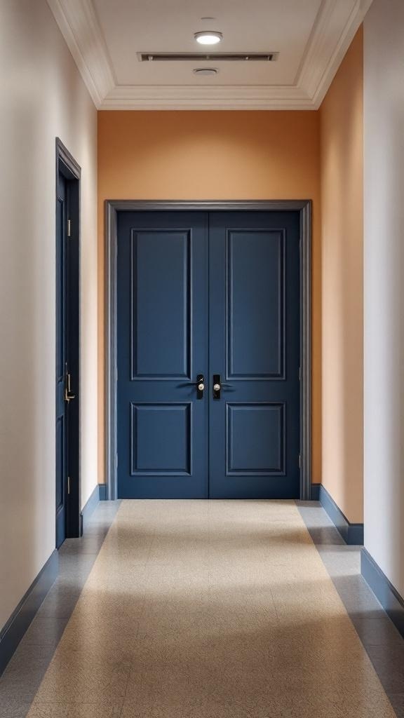 A hallway featuring bold navy doors against peach walls.
