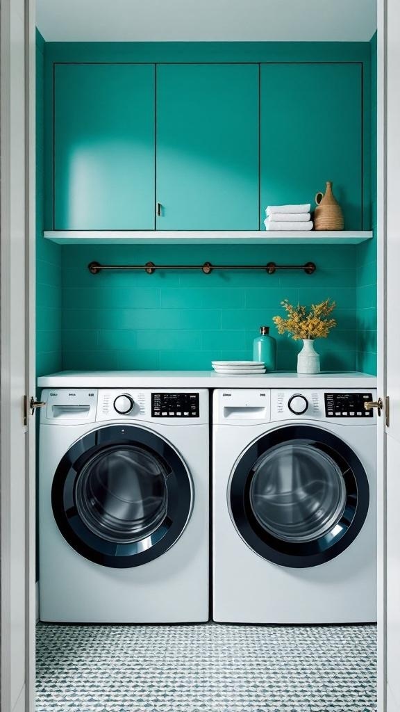 A bright teal laundry room with white appliances and a natural decor accent.