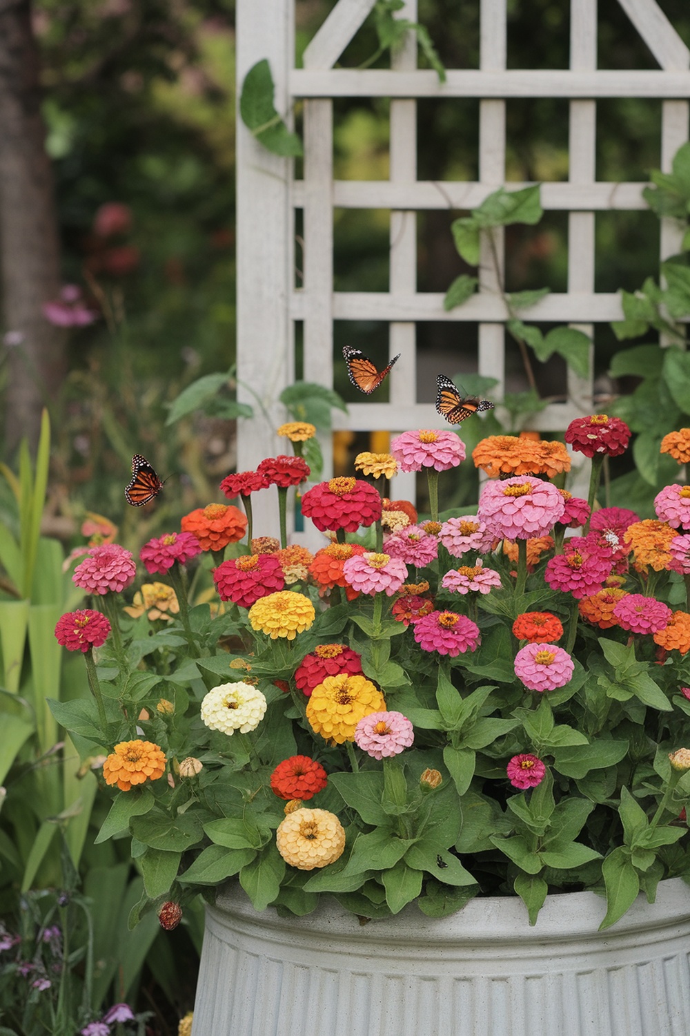 A vibrant display of zinnias in various colors, with butterflies fluttering around, set against a white trellis.