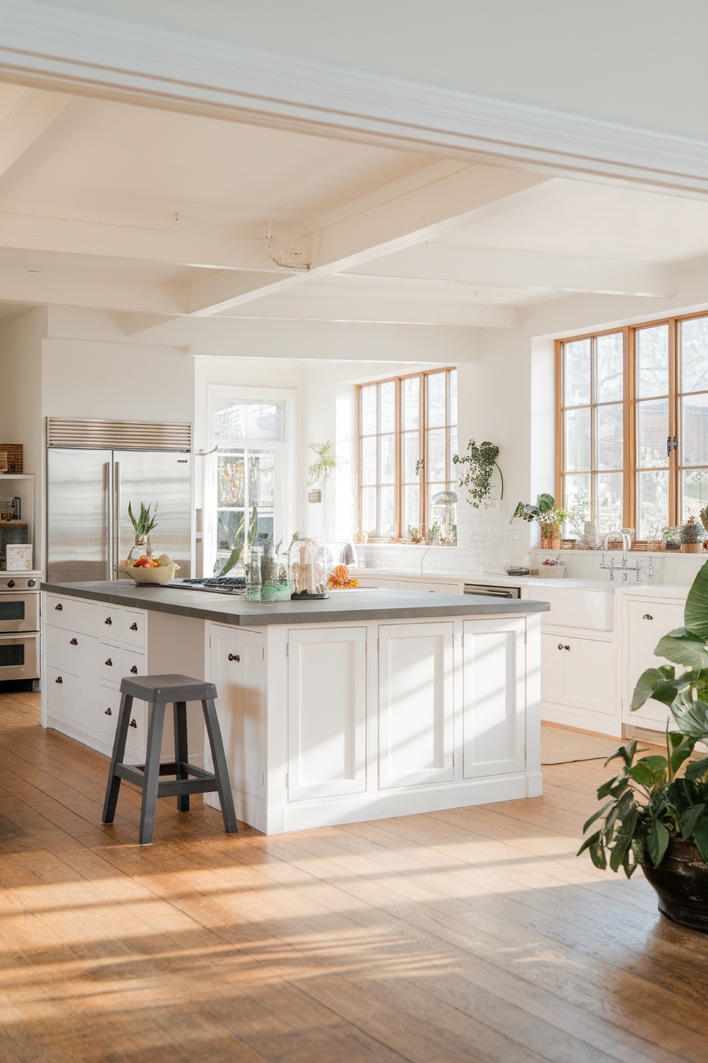 Bright and airy white kitchen with large windows, wooden floors, and plants.