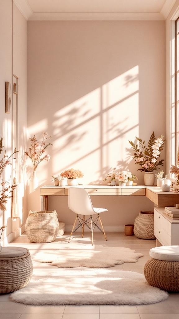 A bright and airy vanity space with a wooden desk, plants, and soft rugs.