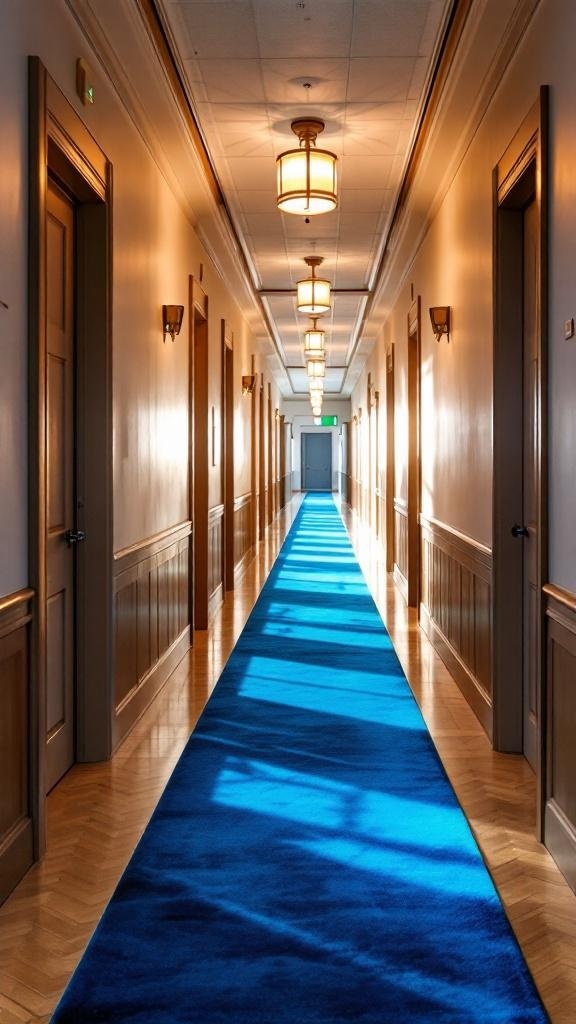 A bright blue runner rug in a well-lit hallway with wooden doors and warm lighting.