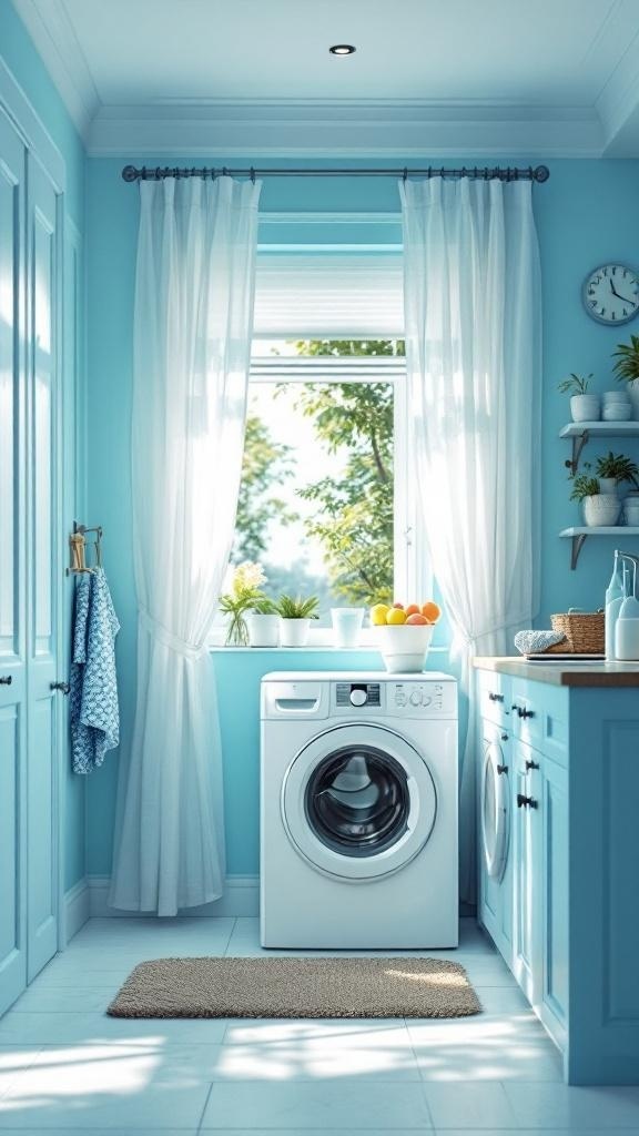 A bright sky blue laundry room with white curtains, a washing machine, and light wood accents.