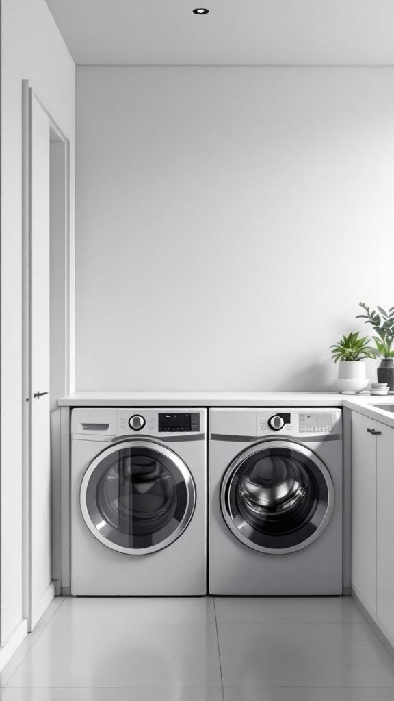 A modern laundry room with light gray walls and sleek washing machines.