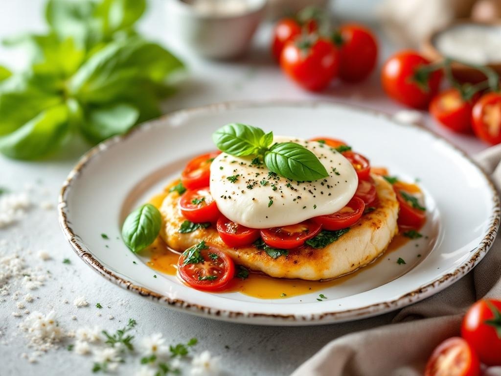 Caprese stuffed chicken breast with tomatoes, mozzarella, and basil on a plate
