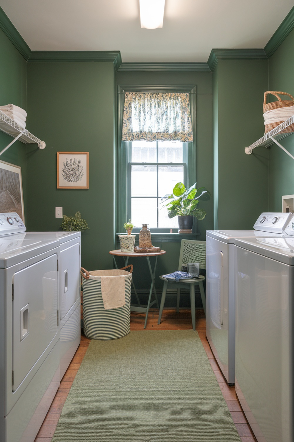 A charming green laundry room with washing machines, plants, and decorative accents.