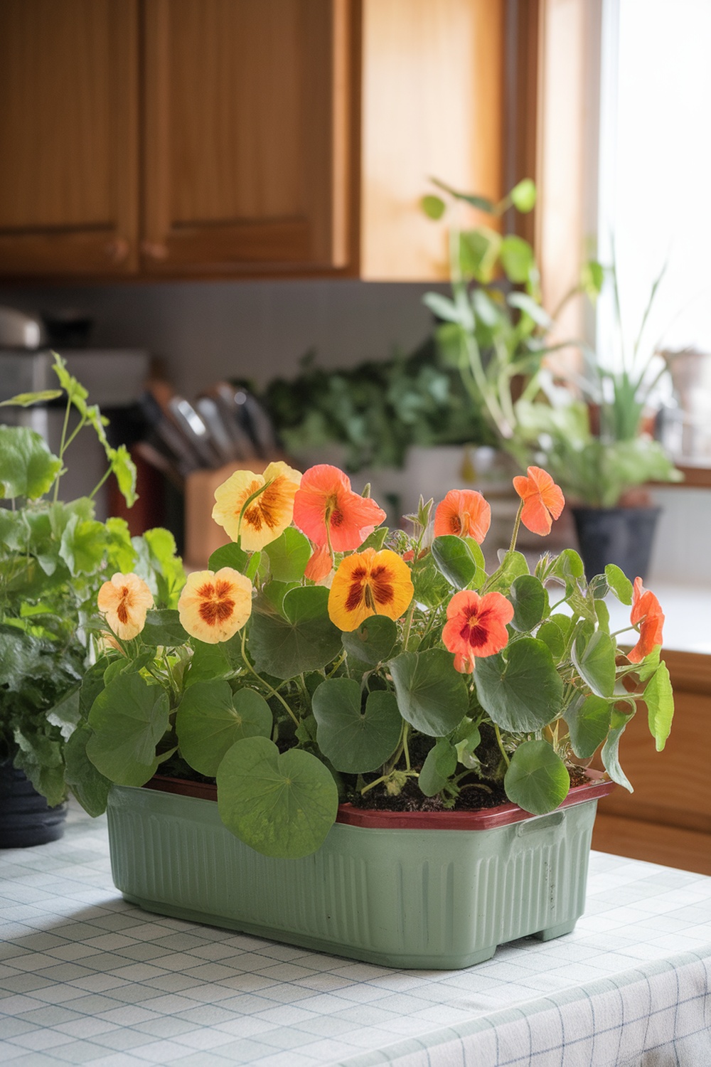 Container of colorful nasturtium flowers in a kitchen setting