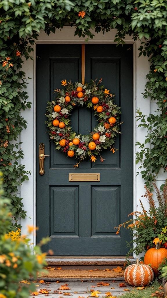 A charming farmhouse entryway with a dark green door decorated with an orange and green wreath, surrounded by lush greenery and pumpkins.