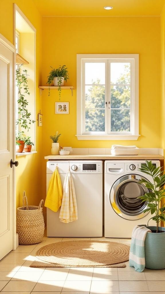 A bright laundry room painted in buttercup yellow with white appliances and plants.