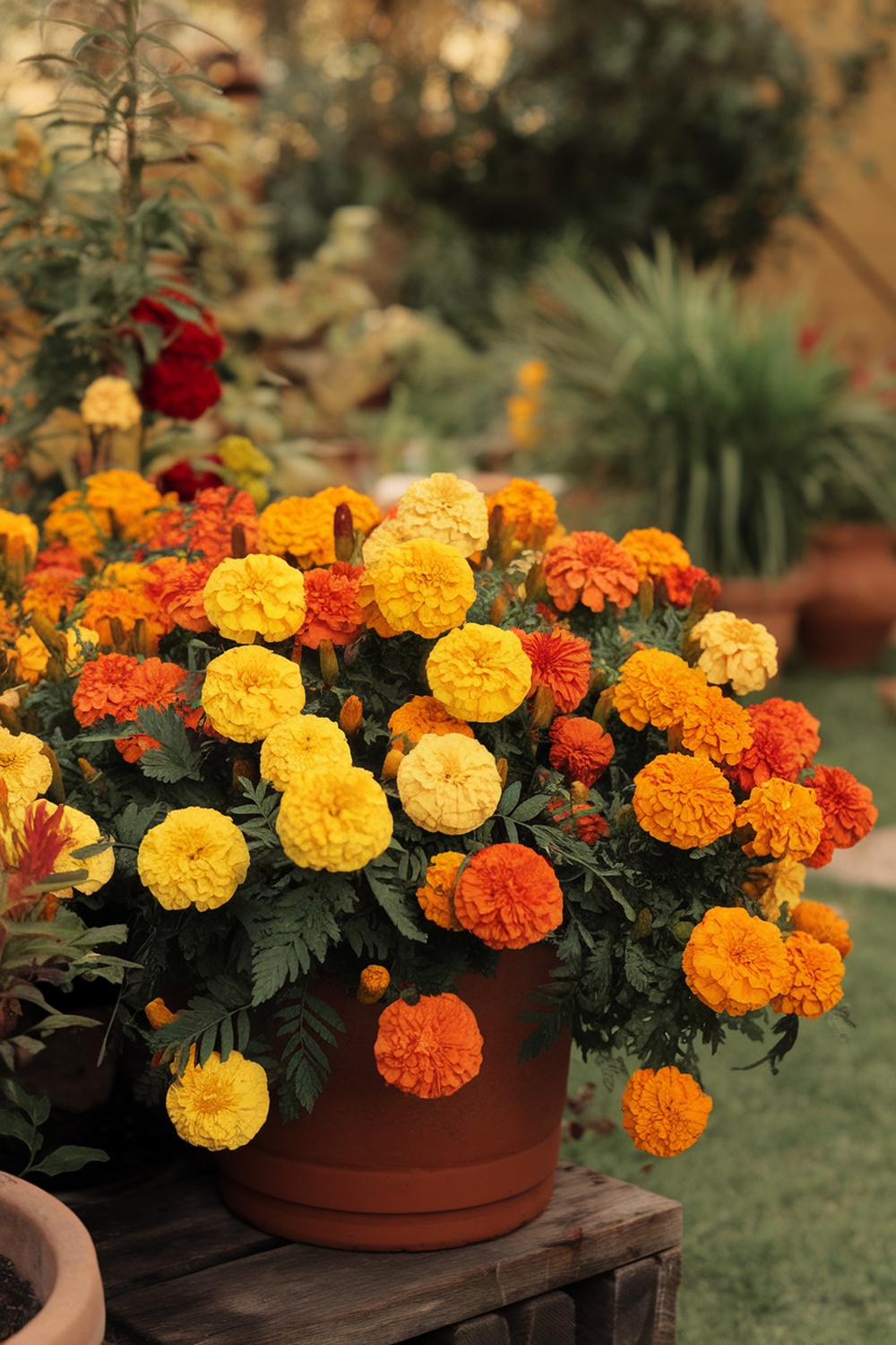 A vibrant display of marigolds in a terracotta pot, showcasing bright yellow and orange flowers.