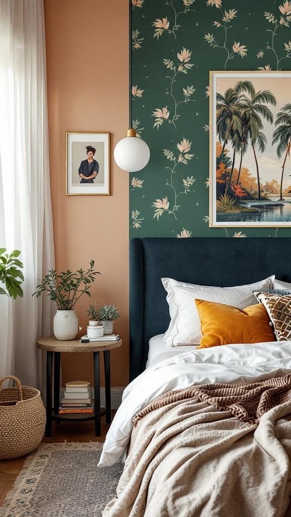 Cozy bedroom with a chic accent wall featuring floral wallpaper and warm peach paint.
