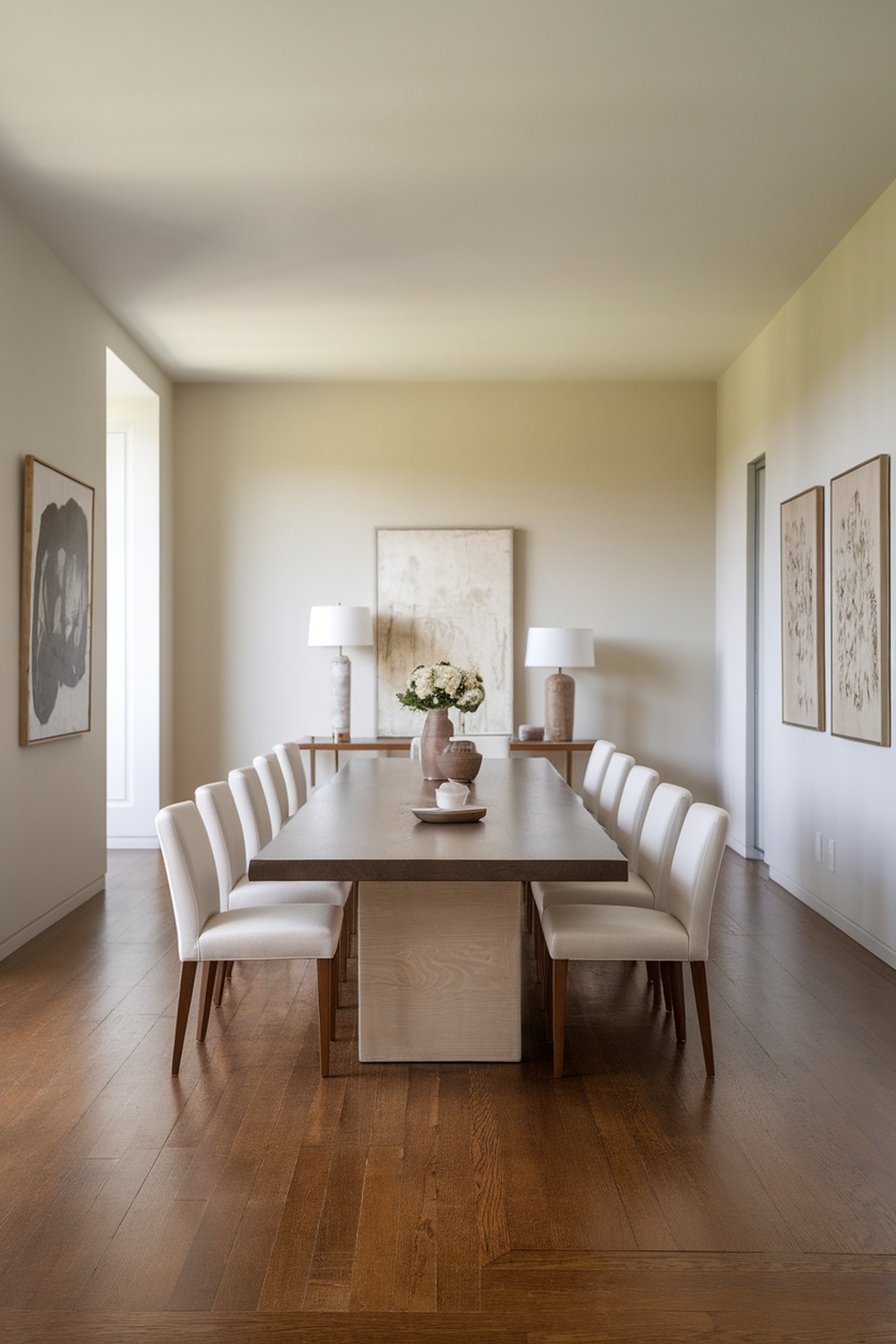 A chic dining room featuring a long wooden table, neutral-toned chairs, and simple decor.