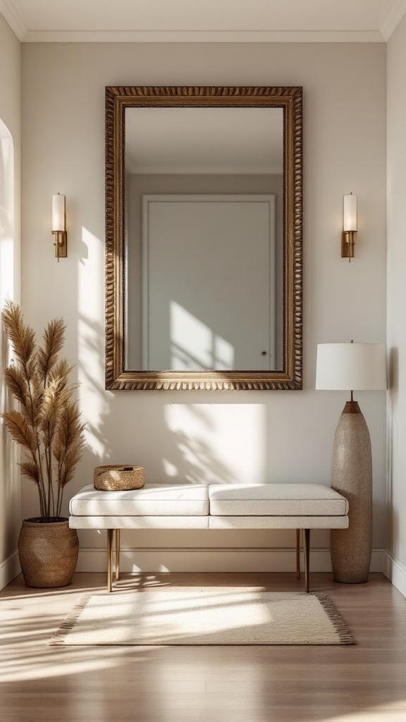 Stylish apartment entryway featuring a large ornate mirror, a bench, and decorative plants.