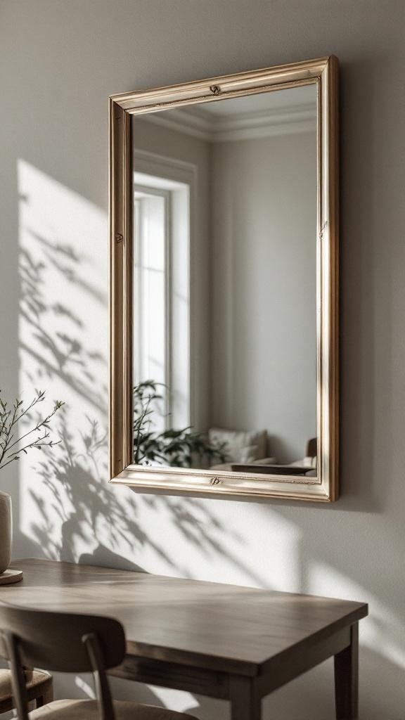 A chic gold-framed mirror reflecting light in a dining room setting