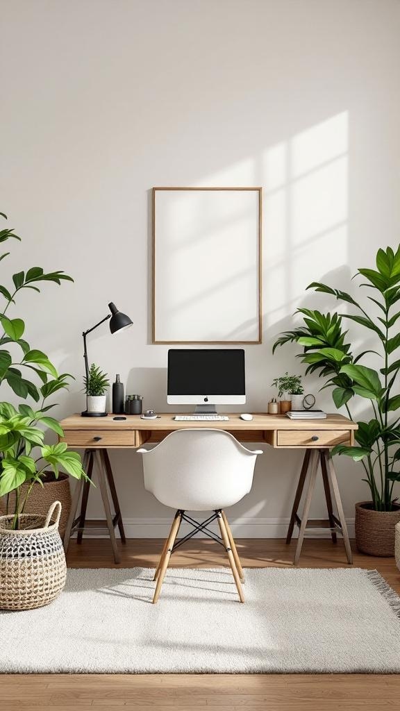 A minimalist Japandi home office featuring a wooden desk, a computer, and plants, with neutral wall colors and natural light.