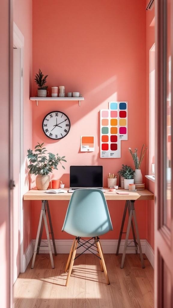 A tiny home office with coral walls, a wooden desk, and a light blue chair, featuring plants and color swatches.