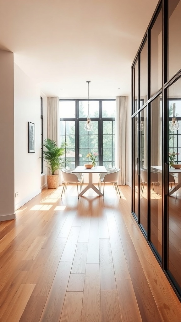 A minimalist dining room featuring light wood flooring, a wooden table, and simple decor.