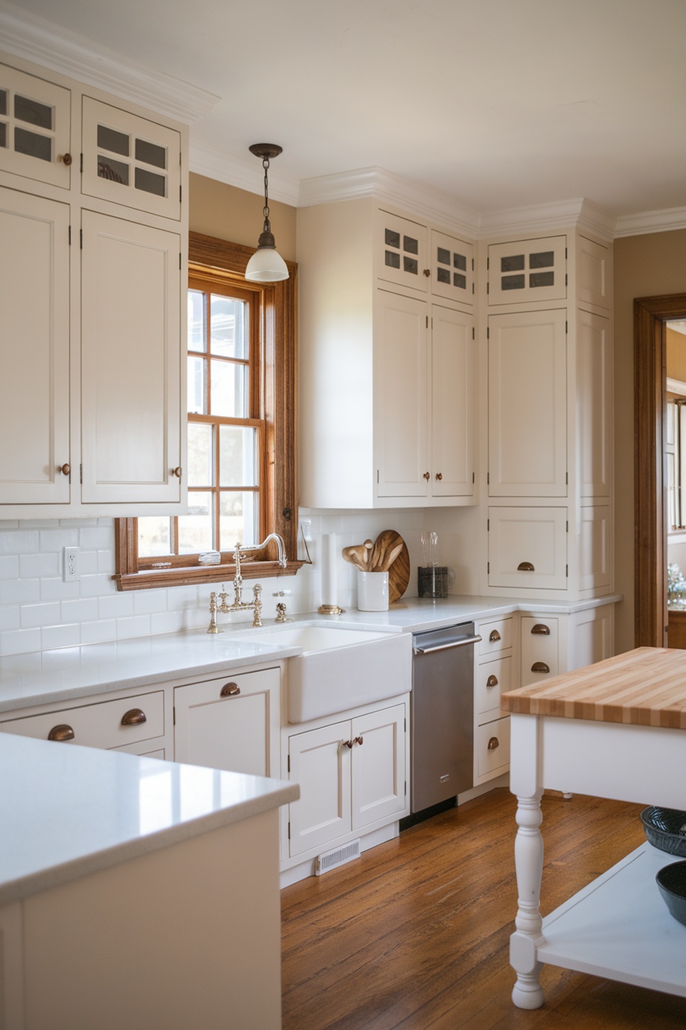 A kitchen featuring classic Shaker cabinets with a farmhouse sink and brass fixtures.