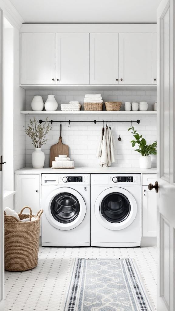 A bright and organized laundry room featuring white cabinets, appliances, and decor.