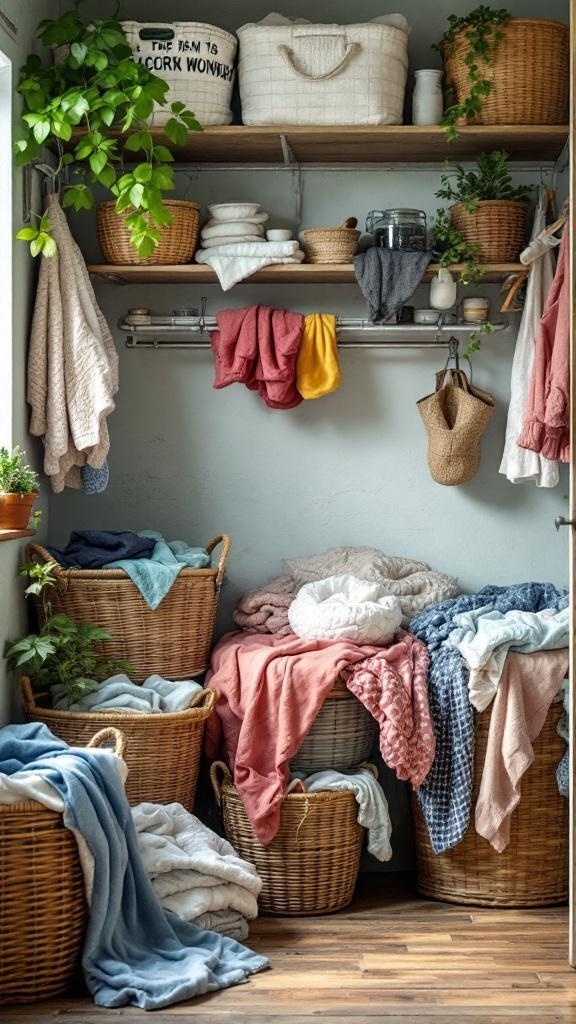 A cozy laundry area with various woven baskets filled with blankets and towels, showcasing clever laundry storage ideas.