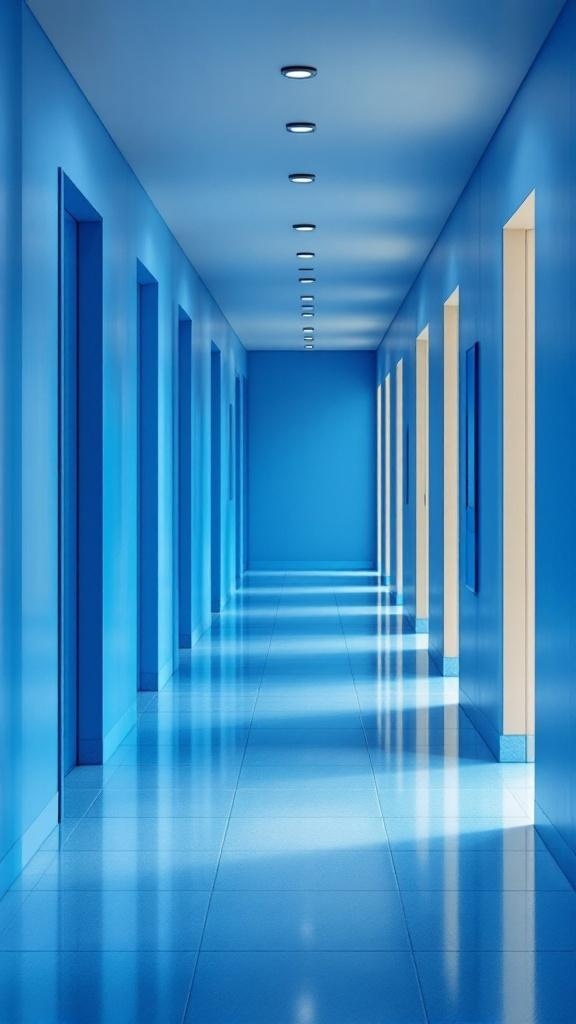 A bright blue hallway with smooth walls and sleek flooring, showcasing a cohesive blue color palette.