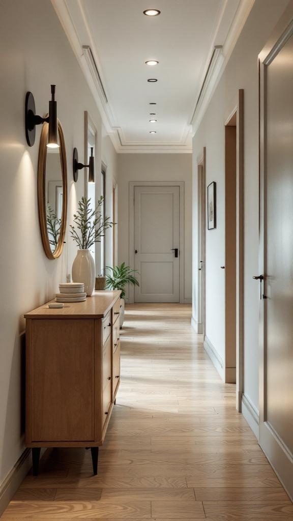 A stylish narrow hallway with neutral walls, wooden flooring, and a console table.