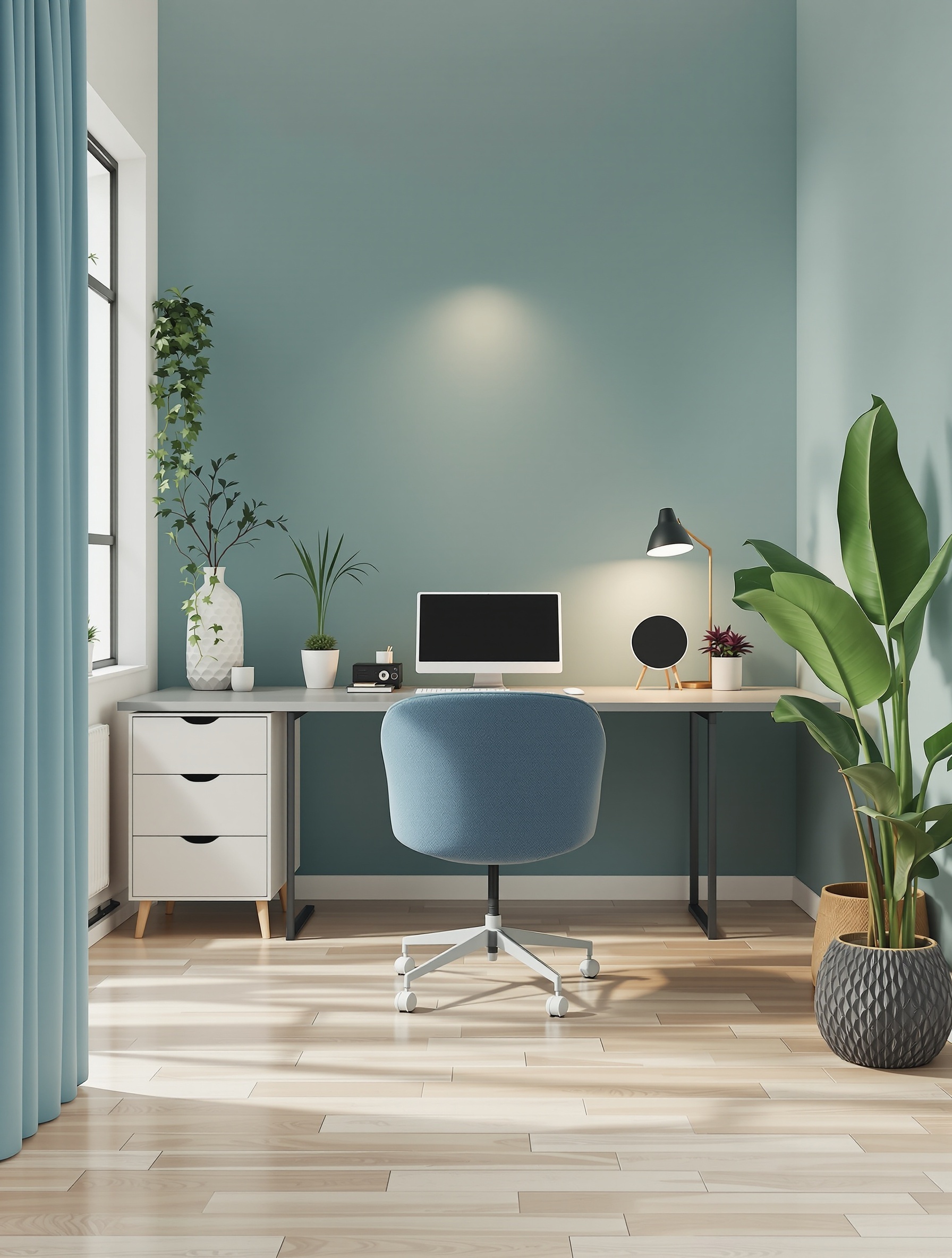 A minimalist home office with light blue walls, green flooring, and plants, creating a calming workspace.