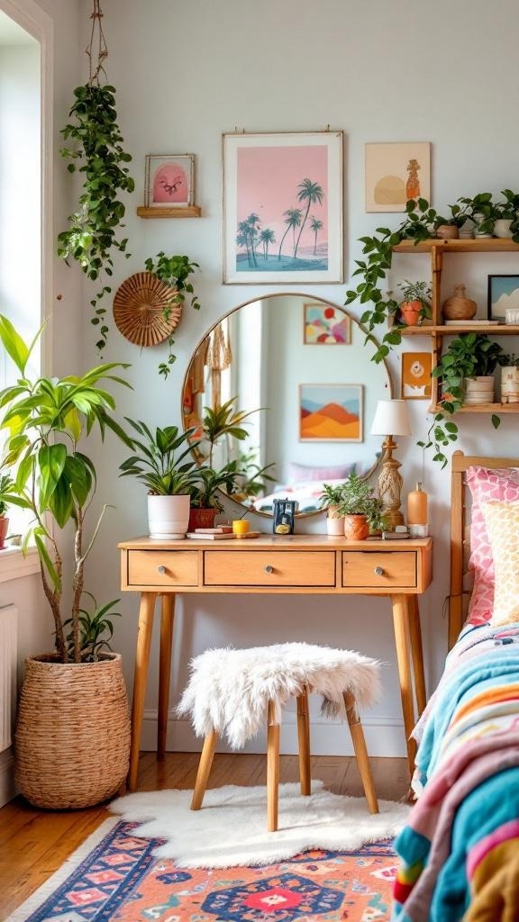 A colorful bohemian vanity setup with a wooden desk, fluffy stool, plants, and vibrant wall art.