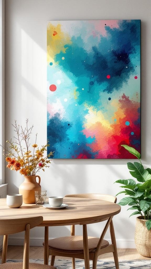 A vibrant abstract canvas print featuring blue, pink, and red colors, hanging on a wall in a dining room setting.