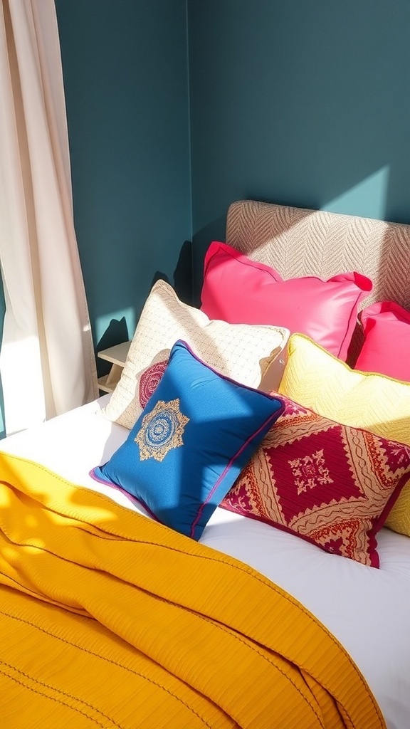 A cozy bedroom with colorful pillows arranged on a bed, featuring vibrant colors and textures.