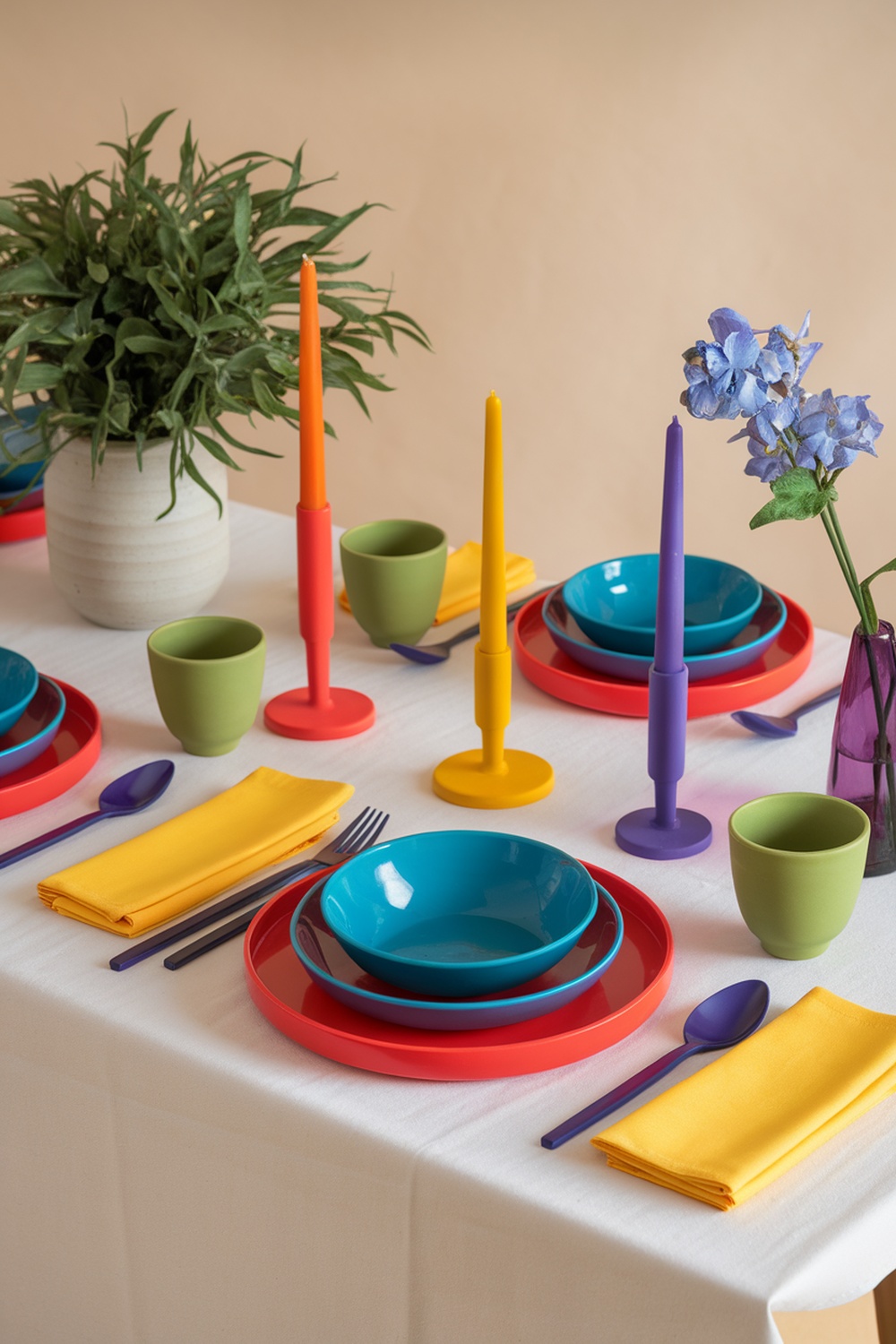 A vibrant dining table set with colorful tableware including blue and red plates, green cups, yellow napkins, and colorful candles.