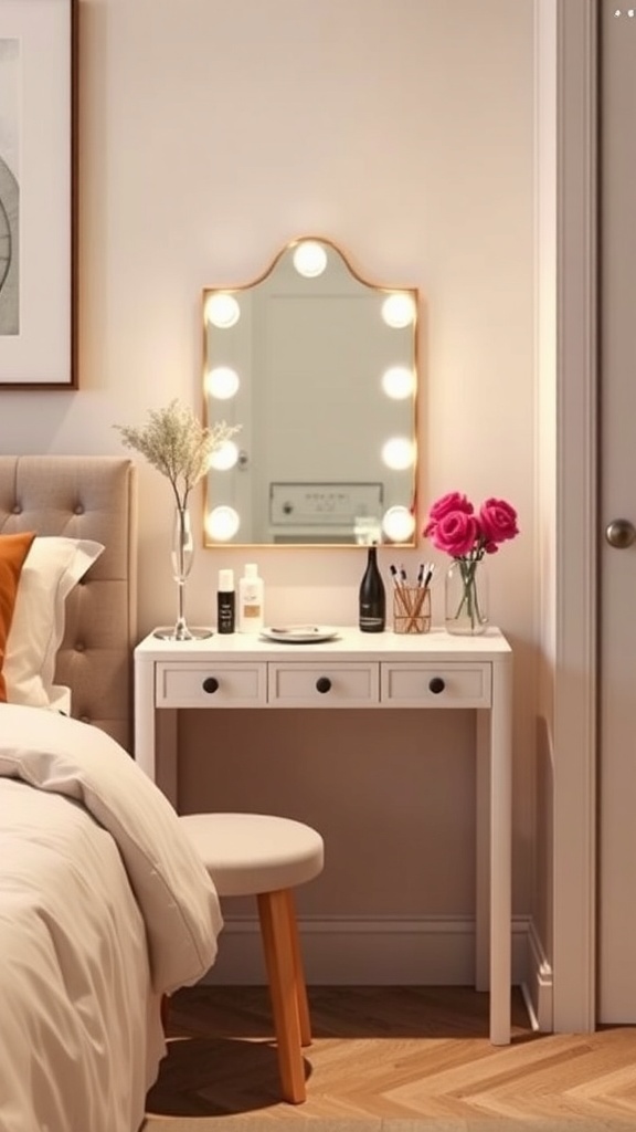 A compact vanity with a mirror, plant, and soft lighting in a small bedroom.
