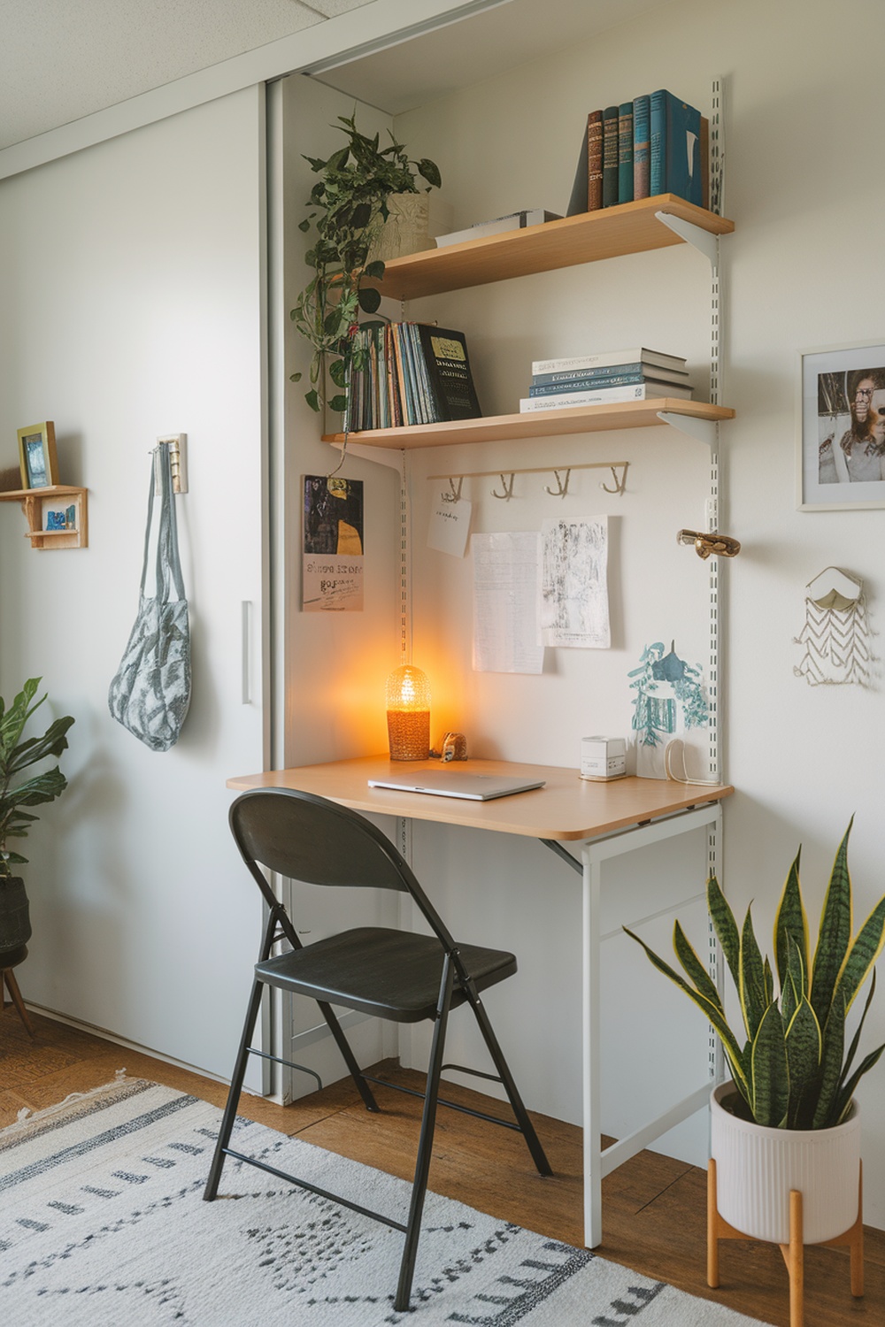 A compact minimalist home office with a desk, shelves, and plants.