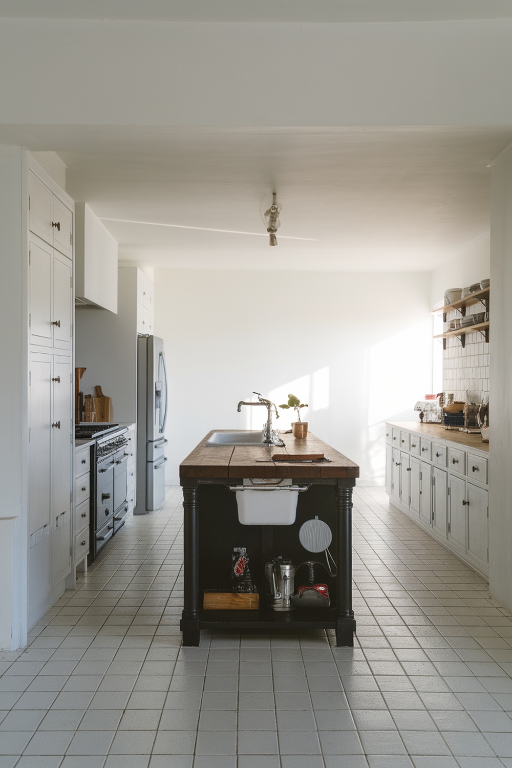 A white kitchen featuring a contrasting dark island with a rustic wooden countertop.