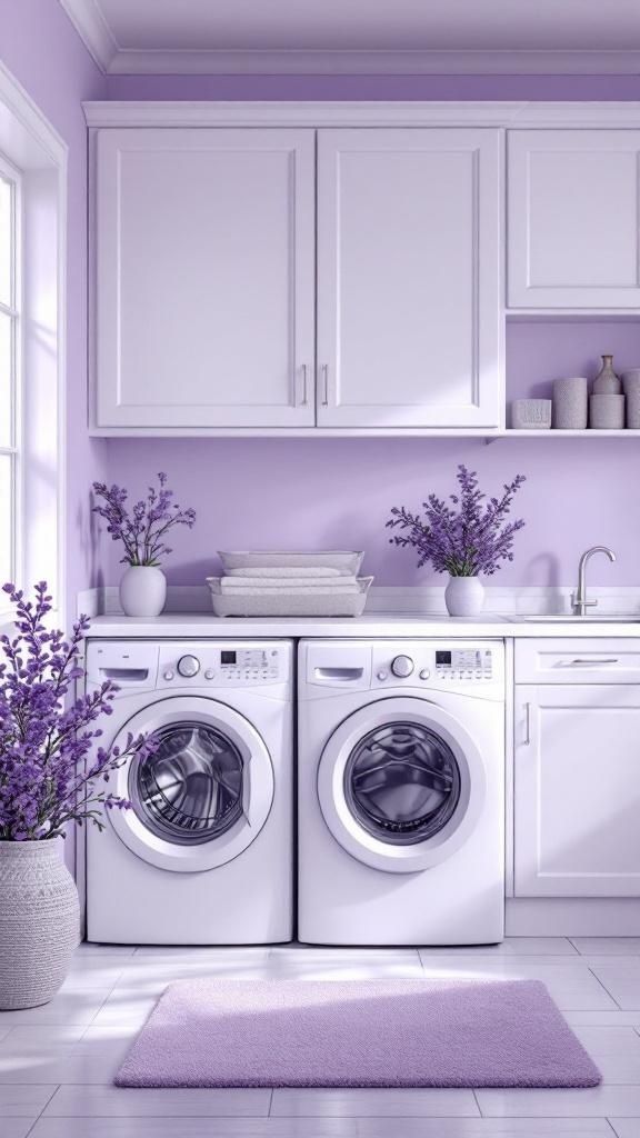 A laundry room painted in cool lavender with white appliances and cabinets, featuring lavender plants and a matching rug.
