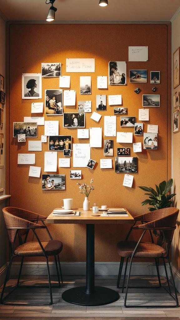 A cozy dining room with a corkboard wall filled with photos and notes, showcasing personal memories.
