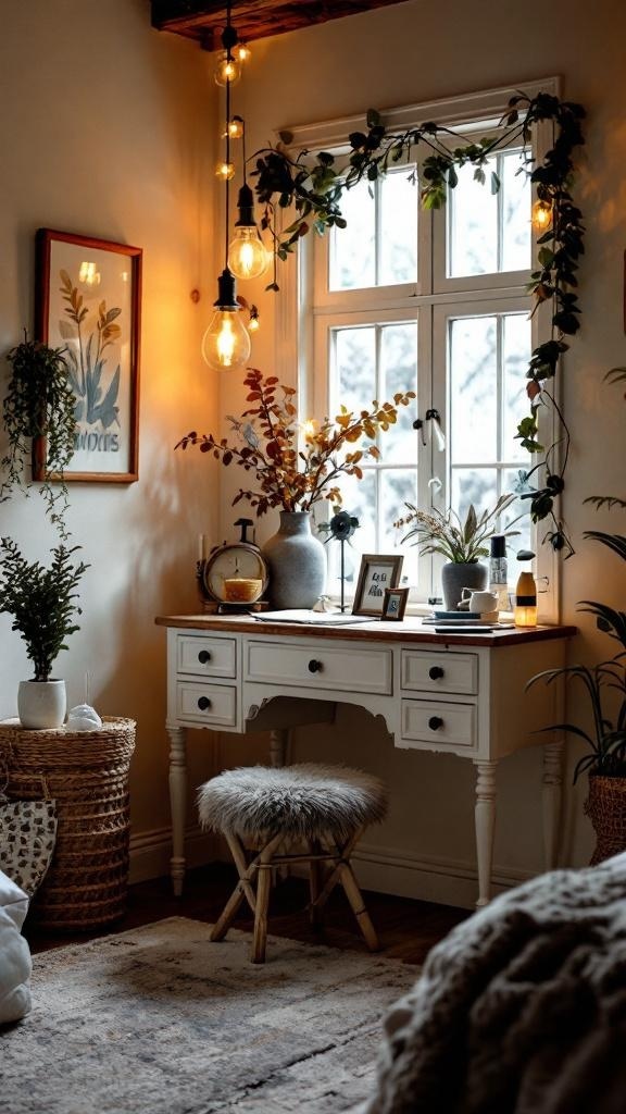 Cozy corner vanity with a white desk, fluffy stool, and warm lighting