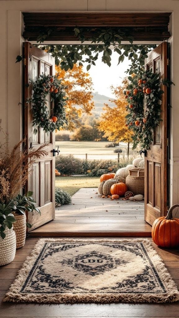 A cozy farmhouse entryway with open doors, a decorative rug, and pumpkins outside.