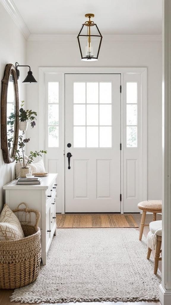 A stylish apartment entryway featuring cozy textiles, including rugs, blankets, and woven baskets.