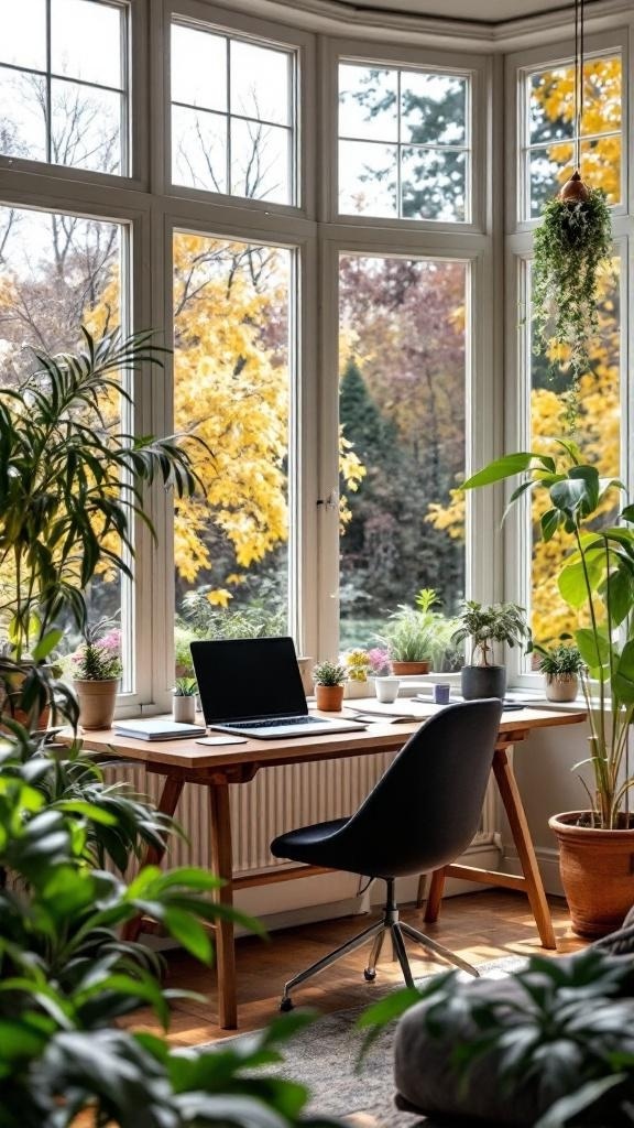 A bright Japandi home office with a wooden desk, laptop, and various plants near large windows showcasing autumn foliage.