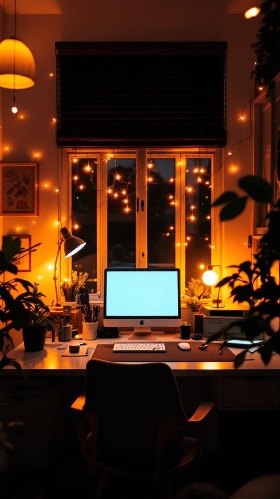 A cozy Tiny Home Office with warm lighting, plants, and a computer desk.