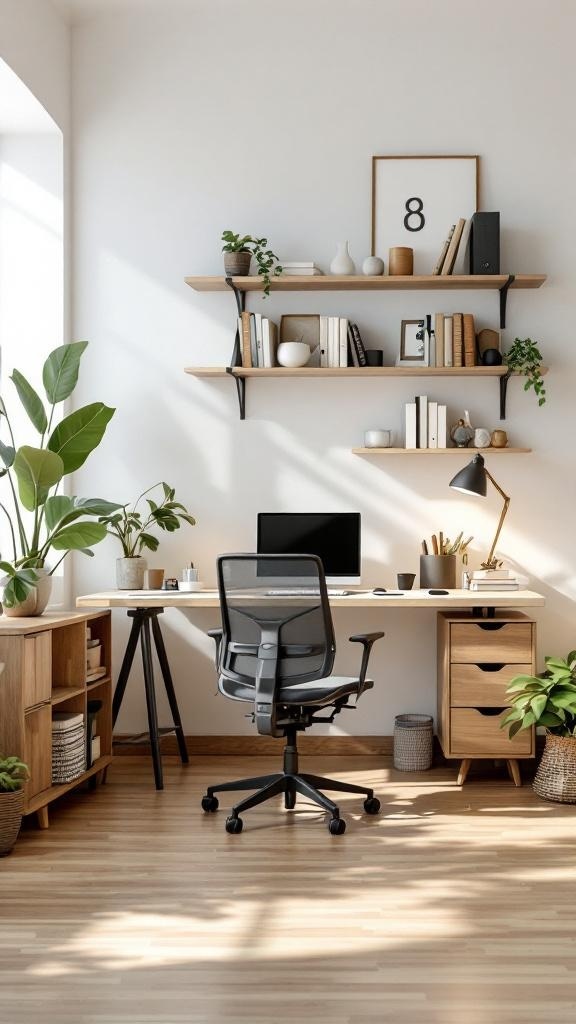 A modern Japandi home office featuring a spacious desk, ergonomic chair, plants, and organized shelves.