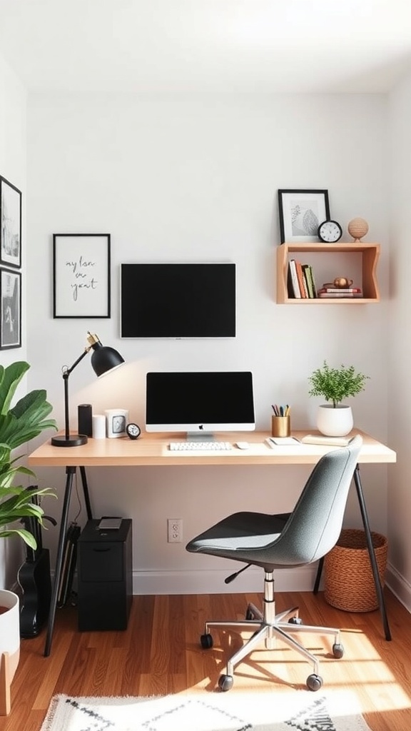 A cozy tiny home office with a desk, plants, and a camera, creating a distraction-free environment.