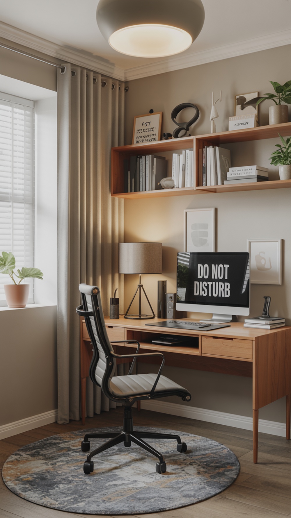 A modern home office setup with a 'DO NOT DISTURB' sign on the computer, a comfortable chair, and organized shelves.