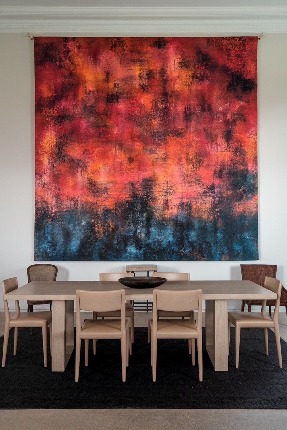 A dining room featuring a large colorful mural as a focal point, with a modern dining table and chairs.